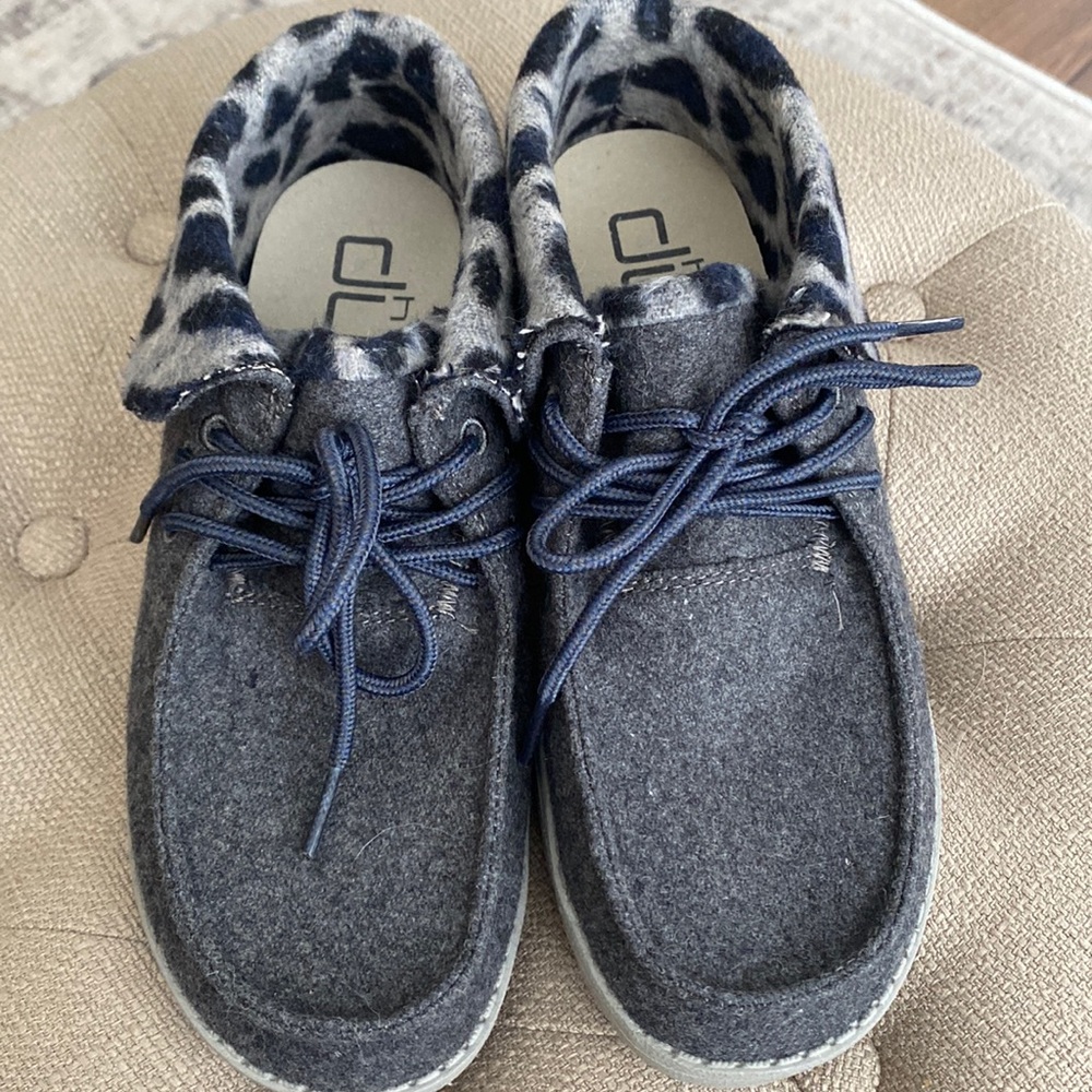 Brand new hey dudes,grey with animal print size 6